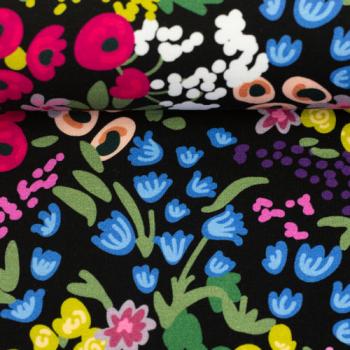 Preview: French Terry Sommersweat Blumenwiese bunt auf Schwarz